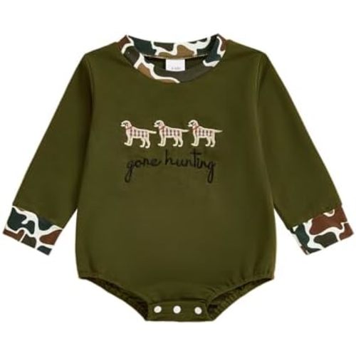 Newborn Baby Boy Fall Outfit Gone Hunting Dog Car Camouflage Sweatshirt Bubble Romper Long Sleeve Bodysuit Clothes