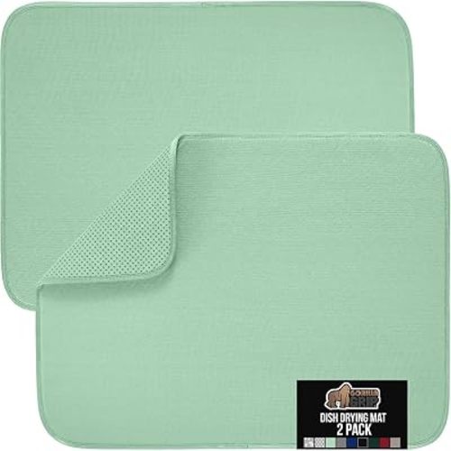 GORILLA GRIP Ultra Water Absorbent Microfiber Dish Drying Mat, 18x24 2 PK, Slip Resistant Grip Dot Backing, Fast Drying Mesh Pad for Dishes, Kitchen Sink Counter, Machine Washable Dishrack Mats, Mint