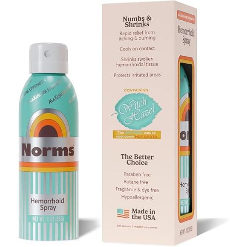 Norms Cooling Hemorrhoid Spray, Maximum Strength Touch-Free Relief with Phenylephrine, Witch Hazel, Aloe, Shrinks Swelling, Calms Itching, Soothes on Contact, 3oz Spray