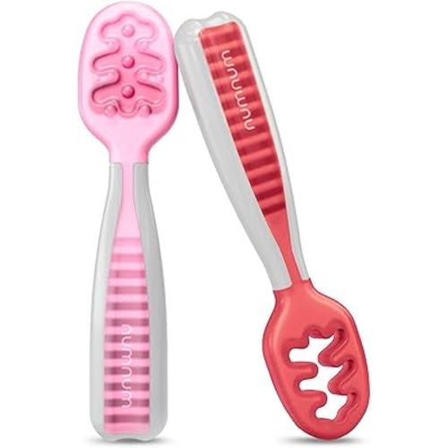 NumNum Baby Spoons Set, Baby Essentials Pre-Spoon GOOtensils for 6+ Months, First Stage Self-Feeding Spoons for Baby Led Weaning (BLW), Silicone Toddler Utensils, BPA-Free, 2 Pack Red/Pink