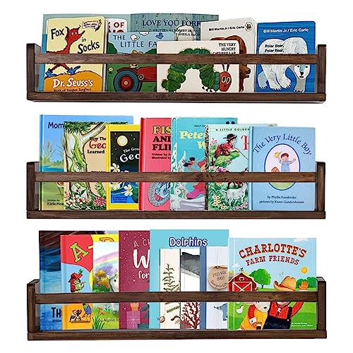 AZSKY Nursery Book Shelves 24 Inch Deep Walnut Floating Bookshelf for Kids Room Wall Mounted Floating Shelves Solid Nursery Bookshelf Perfect Decor for Kitchen Bedroom Living Room Set of 3