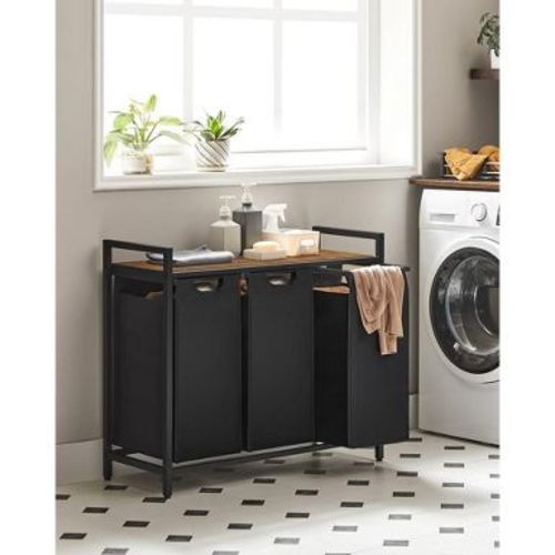 VASAGLE Laundry Hamper Laundry Basket 3 x 10 Gallons (38L) with Shelf 3 Pull-Out and Removable Bags Rustic Brown and Black