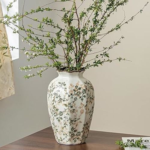 SURE YUESI Green Octagonal Ceramic Vase 9.1”, Vintage Chinoiserie Ceramic Floral Vase, Rustic Farmhouse Home Decor for Living Room, Bookshelf, Mantel Decor, Shelf