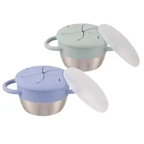 Elk and Friends Stainless Steel Snack Cups | Removable Silicone Food Catcher and Travel Lid | Spill-Proof Snack Containers for Baby, Toddler, Kids | Dishwasher Safe | 2 Pack
