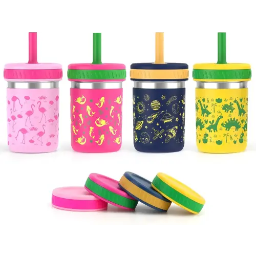 Sursip 10 oz Stainless Steel Kids Cups with Silicone Sleeves & Straws | Spill-Proof Sippy Cup for Drinks & Snacks, Smoothie Cups for Toddlers, BPA-Free, Dishwasher Safe