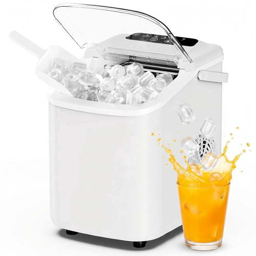 Ice Maker, Nugget Ice Machine Countertop with Basket, Scoop and Portable Handle, 26lbs Daily, 9 Bullet Cubes in 6~8 Mins, Self-Cleaning for Kitchen, Office, Outdoos, RV Camping