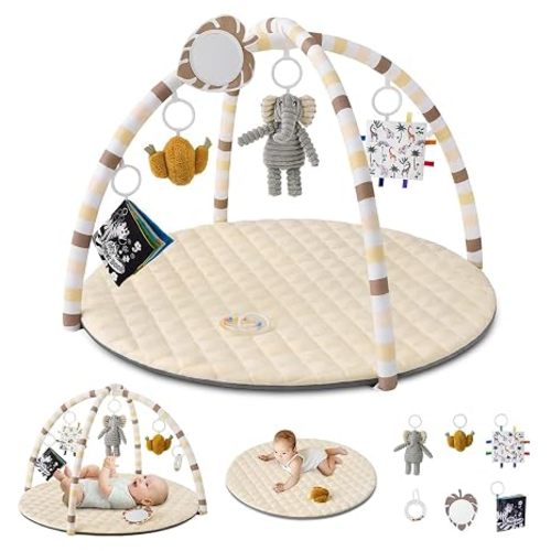 Blissful Diary Baby Play Gym Mat, Play Mat Activity Mat with 6 Detachable Toys for Stage-Based Sensory & Motor Skill Development, Easy to Install & Clean, Baby Essentials Gift, Brown Checkerboard