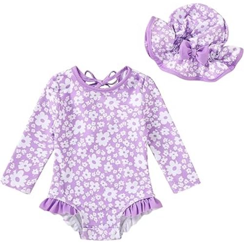 YOUNGER TREE Infant Baby Girls Swimsuit Long Sleeve Swimsuits One Piece Swimsuit Solid Color Bathing Suit with Hat, UPF 50+