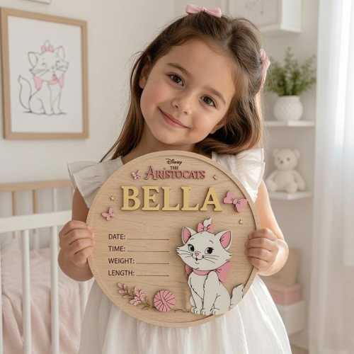 Personalized Marie Cat Birth Announcement Sign, Custom Disney Baby Stats Sign, The Aristocats Nursery Decor, Baby Birth Announcement Sign