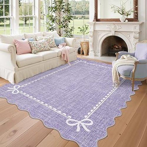 GarveeHome Scalloped Bow Rug for Living Room, Solid Purple Rug for Dorm, Washable Rugs 5x7 Soft Low Pile Non Slip Scalloped Rugs for Nursery College Bedroom Decor Kids Room Playroom