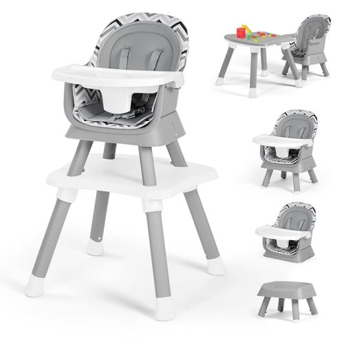 Kinder King 8 in 1 Baby High Chair, Coverts to Dining Booster Seat/Kids Table & Chair Set/Toddler Building Block Table/Kids Stool, Removable Tray & Double Seat Cover, Easy to Wipe, Wavy Grain