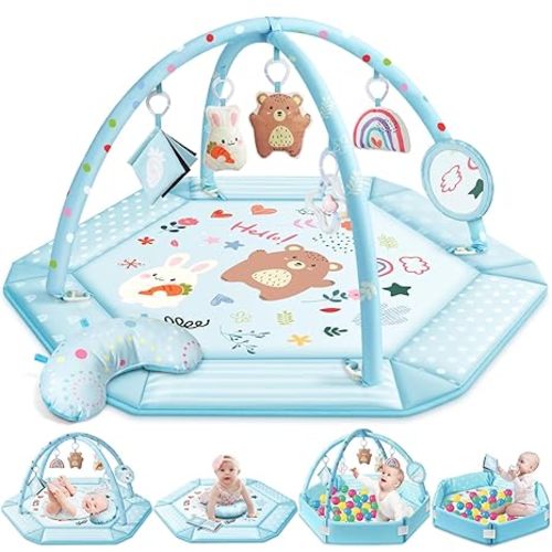 Baby Gym Play Mat, 8-in-1 Tummy Time Mat & Ball Pit with 6 Toys, Washable Baby Activity Mat for Visual, Hearing, Sensory, Motor Development, Baby Gift for Newborn Infant 0-3-6-9-12 Months (Blue)