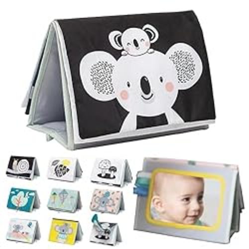 Tummy Time Toys High Contrast Baby Book. Fun, Interactive Crinkle Books for Babies with Baby Tummy Time Mirror & Soft Koala Teether - Baby Tummy Time Book by Taf Toys
