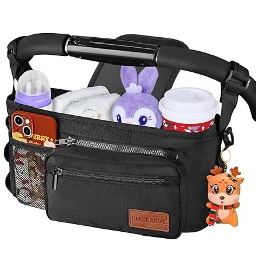 Guiseapue Universal Stroller Organizer with Cup Holder: Baby Essentials, Stroller Caddy Accessories with Detachable Phone Bag, Non-Slip Straps, Fits for Uppababy, Baby Jogger, New Moms Baby Gifts