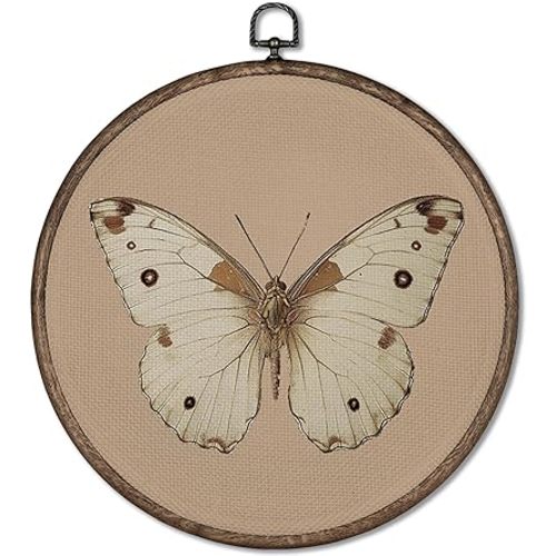 GWFSJYU Vintage Beige Butterfly Framed Wall Art, Antique Butterfly Round Canvas Prints Wall Art, Boho Butterflies Moth Wall Hanging Decor for Farmhouse Bathroom Living Room, 10x10inch