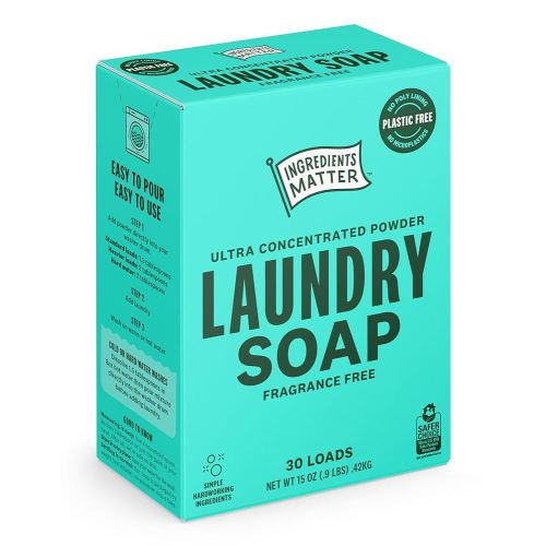 Ingredients Matter Powder Laundry Soap - Fragrance Free, Hypoallergenic Detergent, Natural & Eco-Friendly, Plastic Free, Made in USA, Natural Essential Oils & Dermatologist Tested - 15 oz, 30 Loads