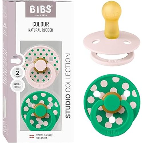 BIBS Polka Dots Pacifier 2-Pack, BPA Free Pacifiers with a Round Latex Nipple, Made in Scandinavia, Size 2 (6-18 Months), Petal/Cactus