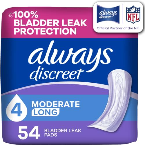 Always Discreet Adult Incontinence Pads for Women, Drier, 4 Drop Long Length, Moderate Absorbency, Pads for Bladder Control Management, Bladder Leaks, & Postpartum Pads, 54ct