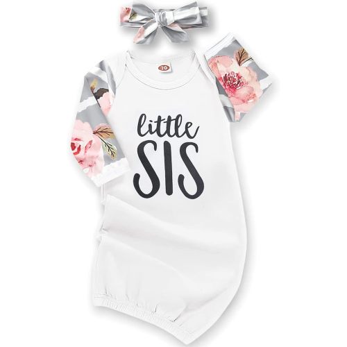 AMAWMW Newborn Baby Girl Little Sister Sleeper Gown Stripe Long Sleeve Nightgown Pajamas Gifts Stuff Essential Outfit
