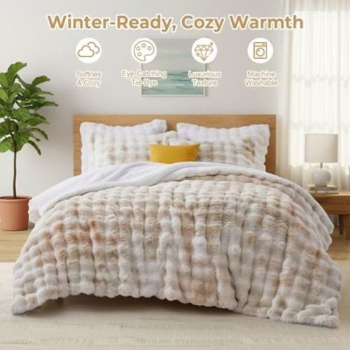 Peace Nest Dual-Side Fluffy Faux Rabbit Fur Comforter Set, Plush Fuzzy Bedding Set, Brown, Queen