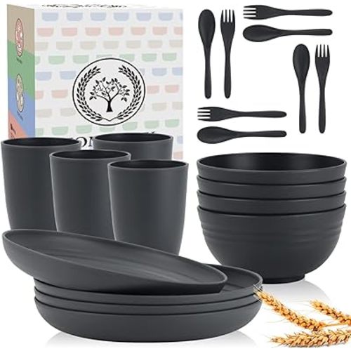 Wheat Straw Dinnerware Sets, Homienly 20pcs Unbreakable Microwave Dishwasher Safe Tableware Lightweight Bowls, Cups, Plates Set Reusable Dinner Plates Bowls set (Dark Grey)