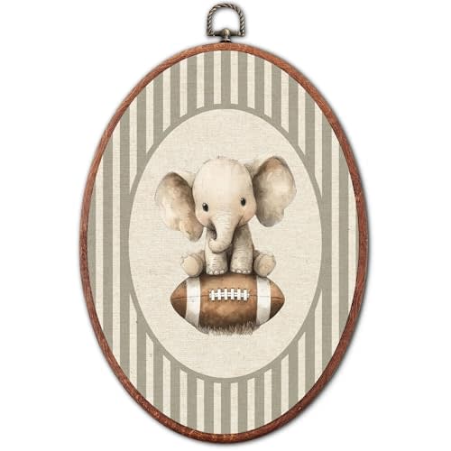 Vintage Elephants Football Oval Wall Art Framed, Nursery Framed Canvas | wild animal grey striped unique football gift hanging wall decor for kids toddler room bedroom playroom, 8.6x11.4 inch