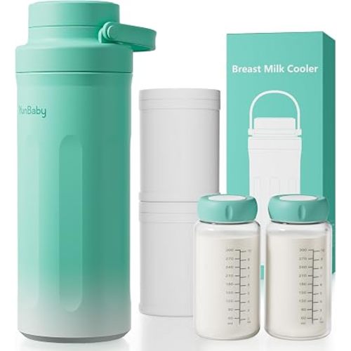 22oz Portable Breast Milk Cooler, Game-changer with 360° Total Cooling Gel Ice Pack for 30 Hours, Baby Travel Breastfeeding Essential Chiller with 2pcs Bottles for Breastmilk Storage(Gradient)