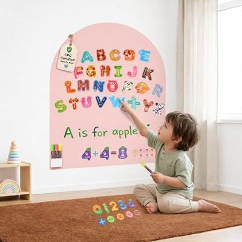 Magnetic Wall Decal for Kids | Arch Peel and Stick Magnetic Chalkboard | 64-Piece Alphabet Number Magnet Set | 39.4 x 31.5 Inch | Pink