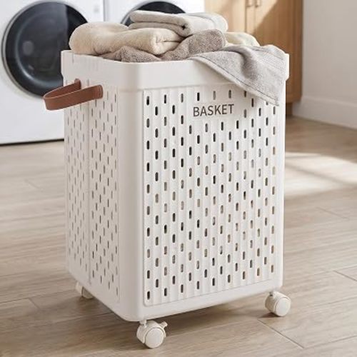 Lavish Home Plastic Laundry Basket with Wheels, White, 65L