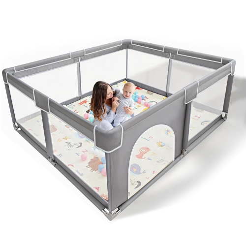 "Sunnycome Collapsible Baby Playpen & Mat, 71"" x 59"" x 26.5"", Zipper Gate, Anti-Slip, Indoor & Outdoor"