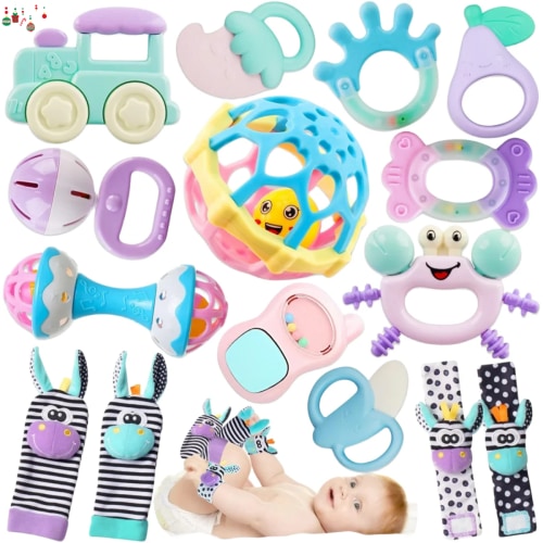 Ludolm Baby Rattles Toys 0-6 Months, Infant Teethers, Grasping Wrist Socks, Macaron Colors, 15PCS