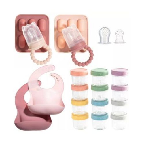 Baby Feeding Set, Silicone Baby Fruit Feeders, Baby Bibs & 12-Piece Glass Baby Food Storage Containers w/ Lids. Baby Must-Have, BPA-Free Easy to Clean