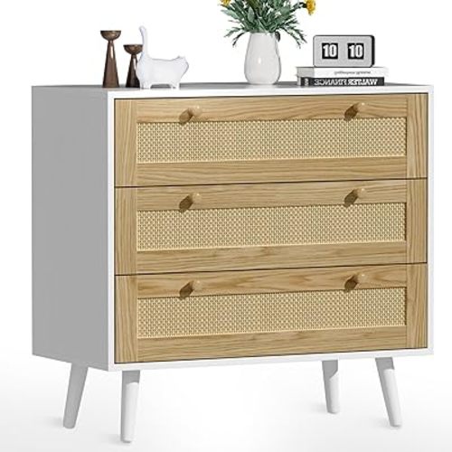 3 Drawer Rattan Dresser for Bedroom, Modern Wooden Dresser Chest with Handles for Bedroom, Hallway and Living Room, White