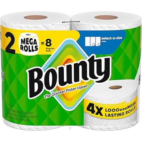 Bounty Select-A-Size Paper Towels, White, 2 Mega Rolls = 8 Regular Rolls