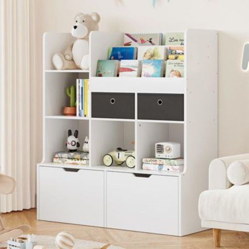 Coolmee Kids Wooden Bookshelf with 4 Drawers, 47.8in Baby Bookcase Storage Book Rack, Toy Organizer Cabinet Chest, Toddler Book Display Shelf