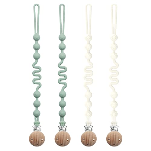 Silicone Pacifier Clip with Adjustable Spring, 4 Pack Pacifier Holder Clips for Baby Boys and Girls, Seposeve Soft Flexible Pacifier Leashes with 3 Textures, One-Piece Design, 2 Green + 2 White