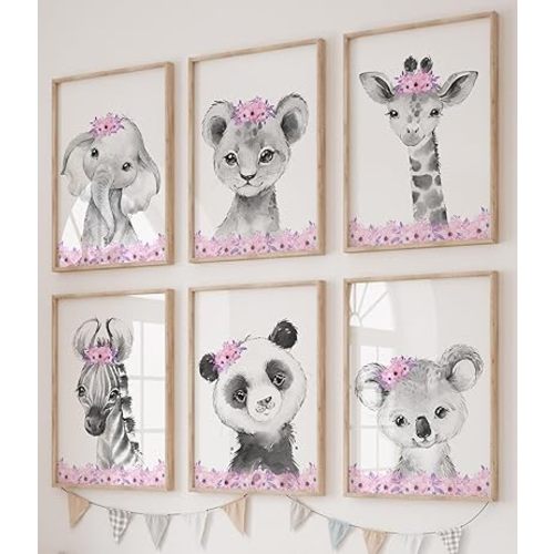 Safari Animals Baby Girls Nursery Set of 6 Unframed Wall Art Prints, Gray Baby Animals with Pink Flowers, Child Bedroom Nursery Decor Posters, Giraffe Elephant Lion Zebra Panda Koala (11x14)