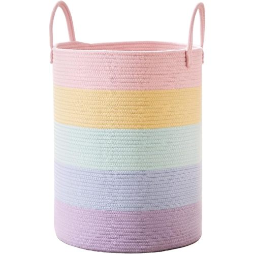 60L Laundry Hamper Basket for Baby Girls and Kids, Pastel Rainbow Unicorn Design, Woven Rope Nursery Basket for Blankets Toys in Playroom, 15Dx20H Inches Large Bedroom Hamper for Clothes
