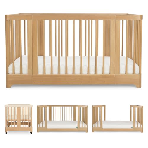 Newton Nest Convertible Crib for Baby and Toddler, Converts from Bassinet to Crib to Toddler Bed, Greenguard Gold, Solid Beech Wood Non-Toxic Finish - Natural, Sandstone Liner