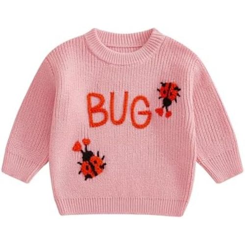 Toddler Baby Girl Valentines Outfits Ladybug Heart Embroidery Long Sleeve Knit Sweater Pullover Spring Cable Tops