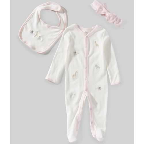 Starting Out Baby Girls Long Sleeve Cotton Round Neck Embroidered Animals Footed Coverall Set