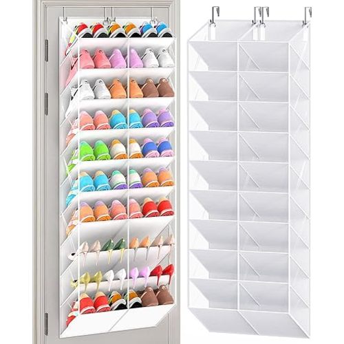 UVIAHOMI 20-30 Pairs Over the Door Shoe Organizer, Clear Pockets Hanging Shoe Storage for Closet, 10-Tier Door Shoes Rack, Handing Shoes Holder Fit All the Family's Sneakers, Boots, Heels, White
