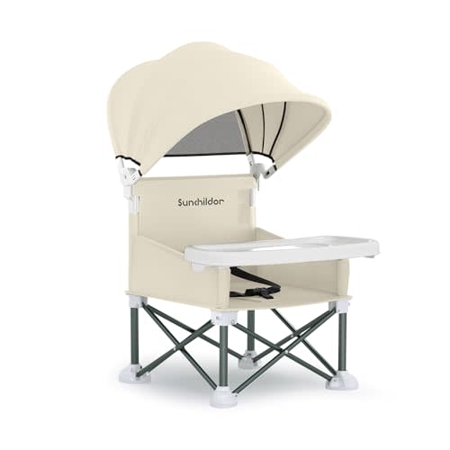 Portable Baby Booster Seat with Removable Tray & Canopy - 3 Point Safety Harness, Compact Fold for Travel, Indoor Outdoor Use for Infants & Toddlers, Beige