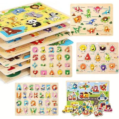Wooden Peg Puzzles for Kids – 6 Pack Toddler Puzzles, Preschool Educational Learning Puzzle Toys, Alphabet for Preschoolers, Number, Shapes, Christmas Birthday Gifts for Boys, Girls