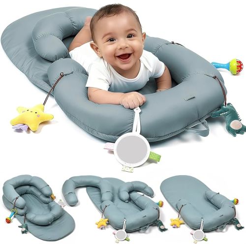 2-in-1 Tummy Time Mat & Seated Support Pillow for Newborns and Older Babies - Baby Tummy Time Support Pillow with Detachable Pillow and Toys