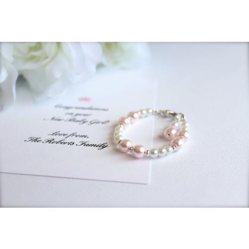 Blush Pink Baby Bracelet Baby Girl Gift Welcome Baby Card, 1st Pearls Keepsake/Gift Pale Pink Pearl Baby Bracelet