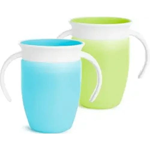 Munchkin Miracle 360 Sippy Cup for 6 Month Old, Spill Proof Baby and Toddler Cups with Transition Handles, 7 Ounce, 2 Pack, Blue/Green