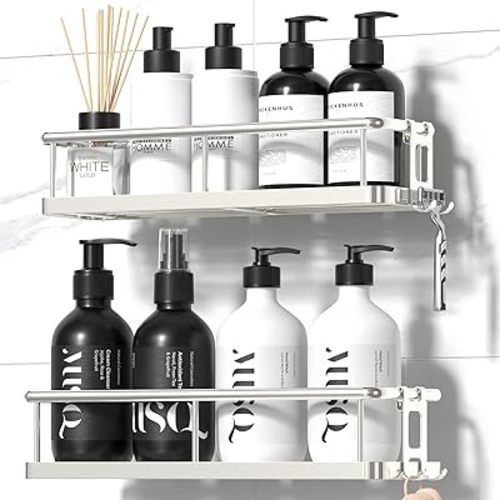 YASONIC Shower Caddy Adhesive, No Drill Bathroom Shower Organizers, with Removable Hooks, Rust Proof Shower Shelves, Wall-Mounted Shower Holder, 2 Pack Silver