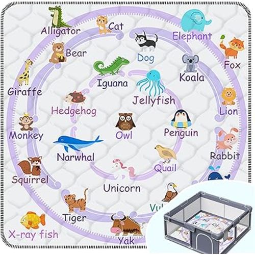 Baby Play Mat，Thick Soft 50" X 50" Playpen mat, Non-Slip and Machine Washable Baby Play Mats for Floor，Crawling Mat for Babies, Toddlers & Infants to Play and Learn (Purple Animal, 50" X 50")