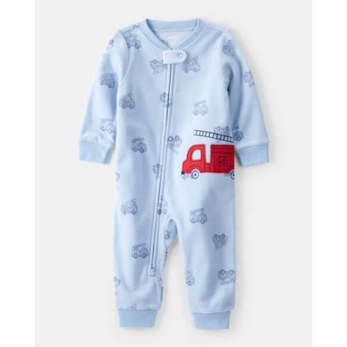 Baby Boy Firetruck Print Loose Fit Long-Sleeve 2-Way Zip 1-Piece Pajamas - Blue - Carter's | Carter's